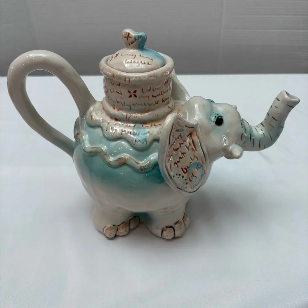 Blue Sky Clayworks Elephant Ceramic Teapot by Heather Goldminc Cream Blue